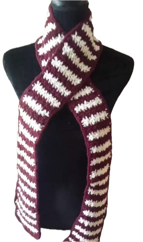 Handmade Crochet Striped Scarf – Burgundy & White