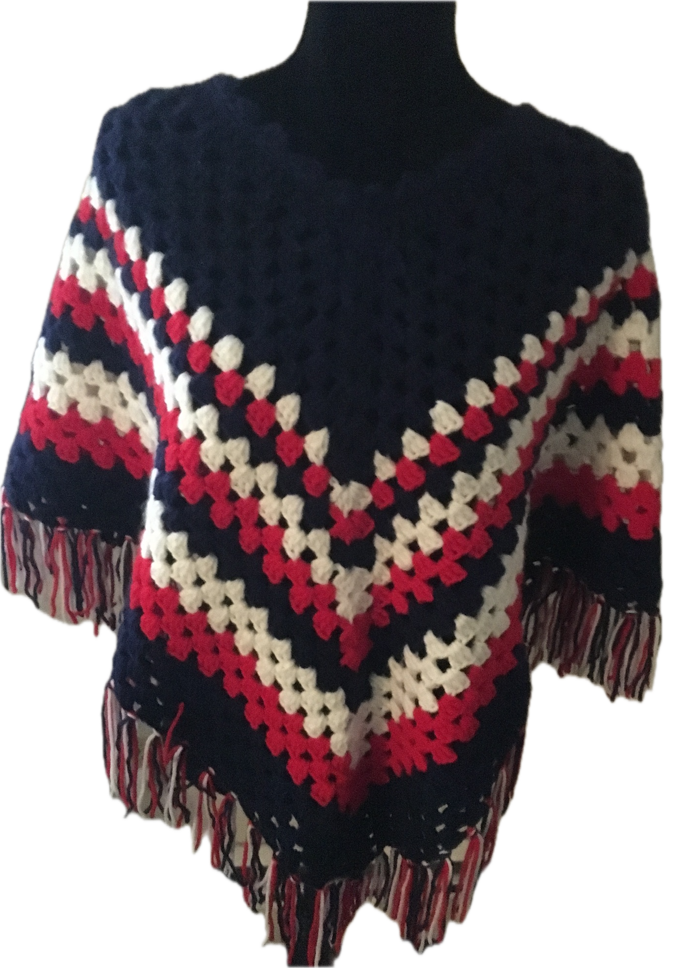 Handmade Crochet Poncho – Red, White & Navy with Fringe