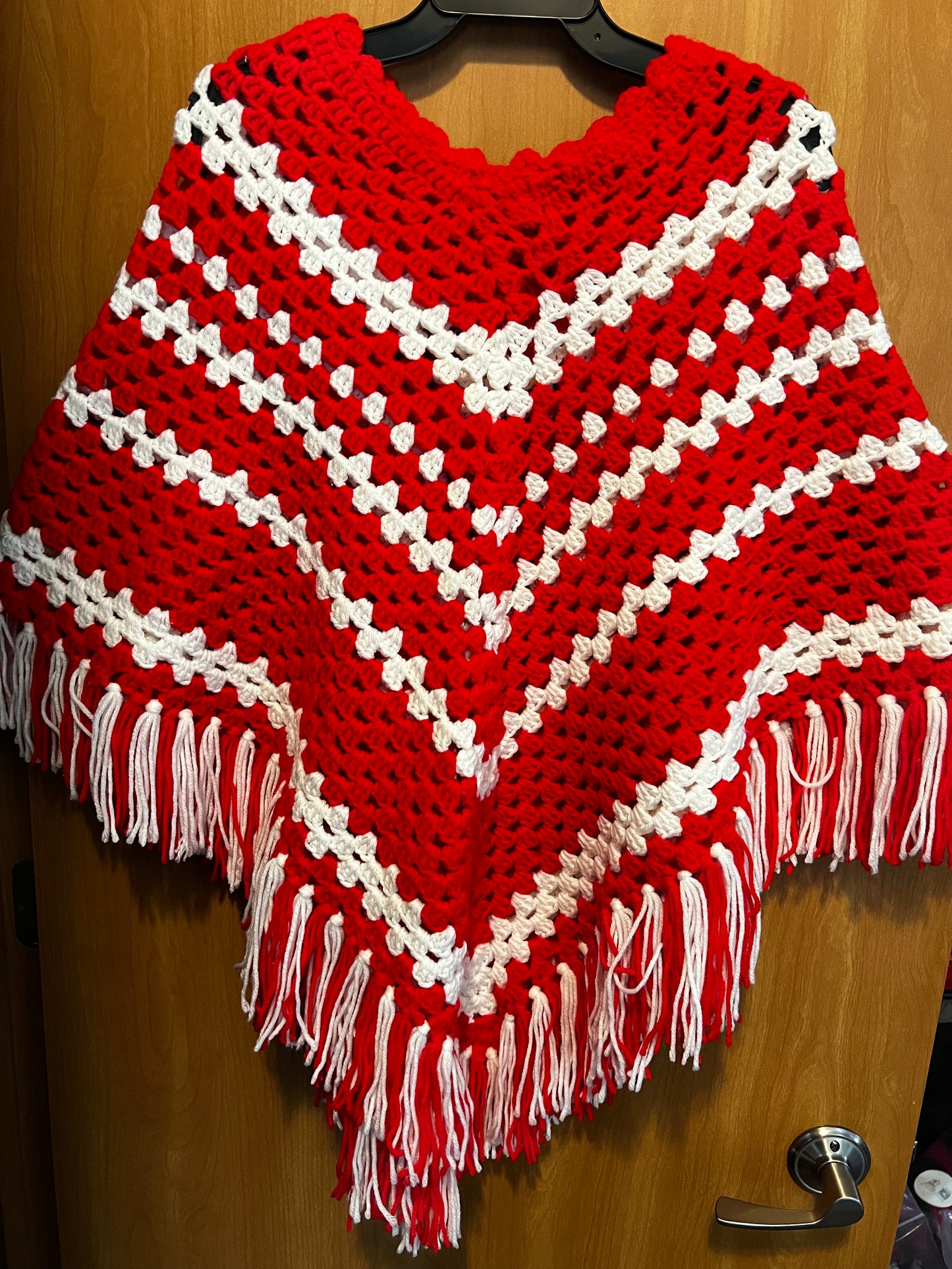 Handmade Crochet Poncho – Red & White