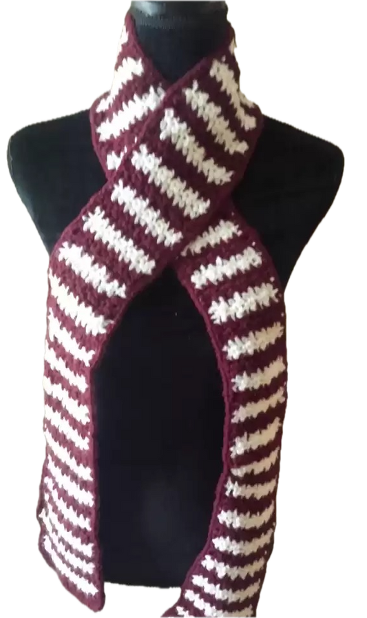 Handmade Crochet Striped Scarf – Burgundy & White