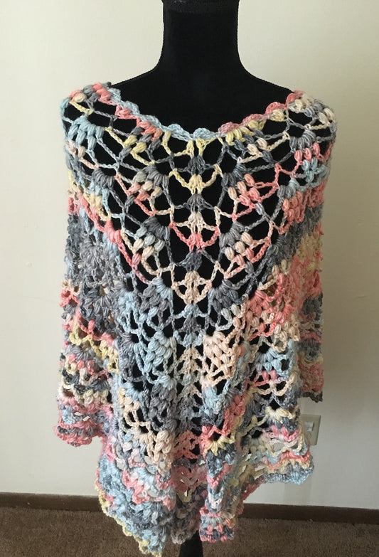 Handmade Crochet Lace Poncho – Pastel Multi-Color
