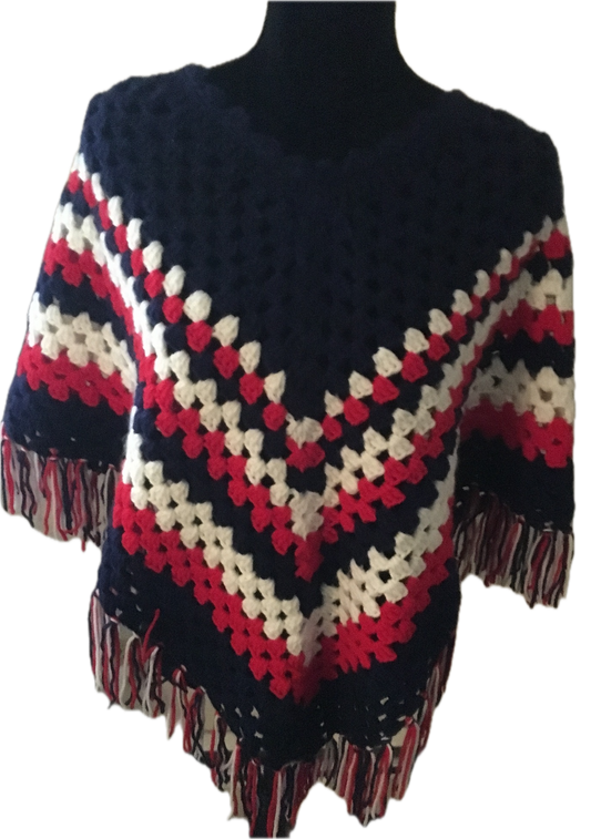 Handmade Crochet Poncho – Red, White & Navy with Fringe