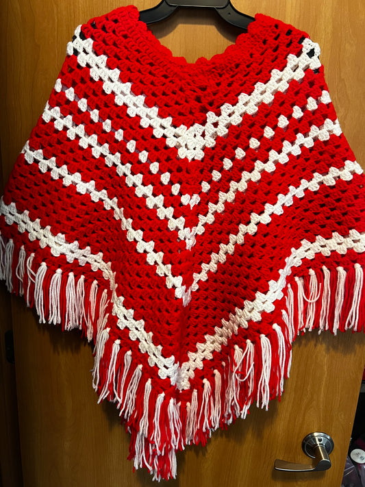Handmade Crochet Poncho – Red & White