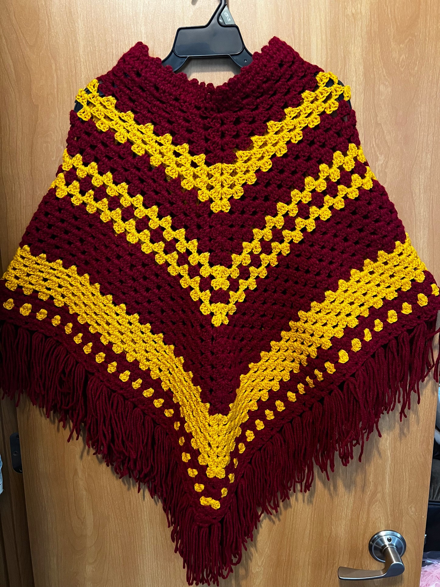 Handmade Crochet Poncho – Maroon & Gold