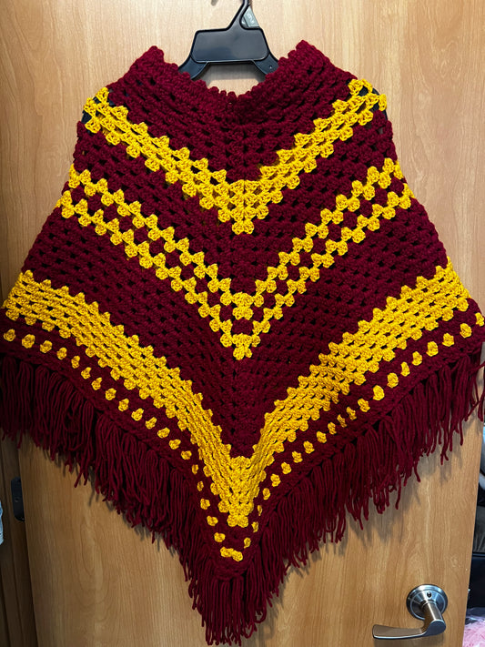 Handmade Crochet Poncho – Maroon & Gold