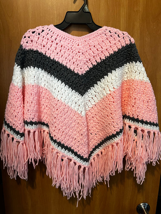 Handmade Crochet Lace - Pink & Gray Poncho